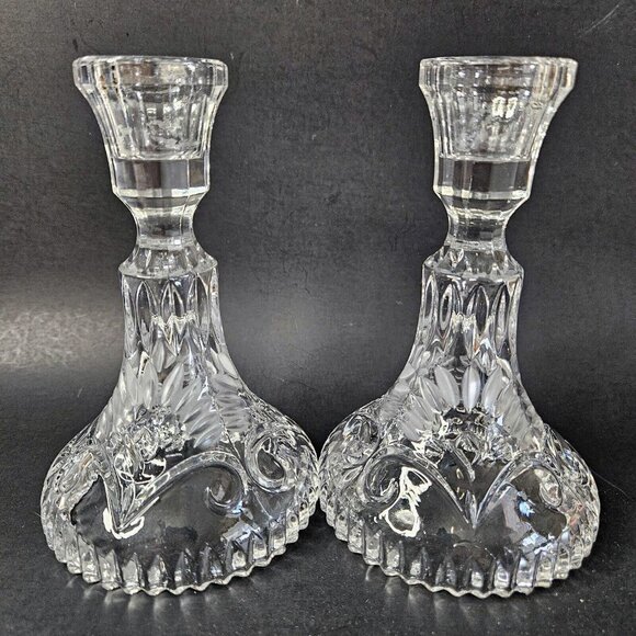 VintageCrystal Taper Candle Holder Set of 2 Etched Floral Pressed  5.5" - Picture 5 of 5